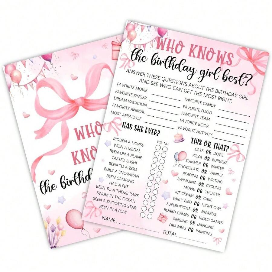Bộ thẻ trò chơi "Ai là cô bé sinh nhật?" màu hồng, kích thước 4"x6", phụ kiện tiệc ngủ cho bé gái chủ đề nơ hồng, ý tưởng trò chơi đêm sinh nhật, 40 thẻ/bộ. - Nhiều màu - Xem 1