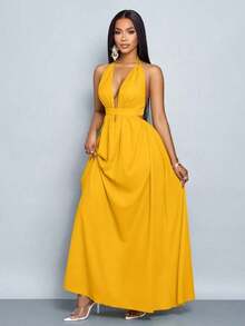 xheSOLERSUN Vestido largo de mujer de unicolor con escote halter en V para vacaciones y playa, con espalda cruzada y anudada, ideal para vacaciones y playaxhe - Amarillo - Ver 5