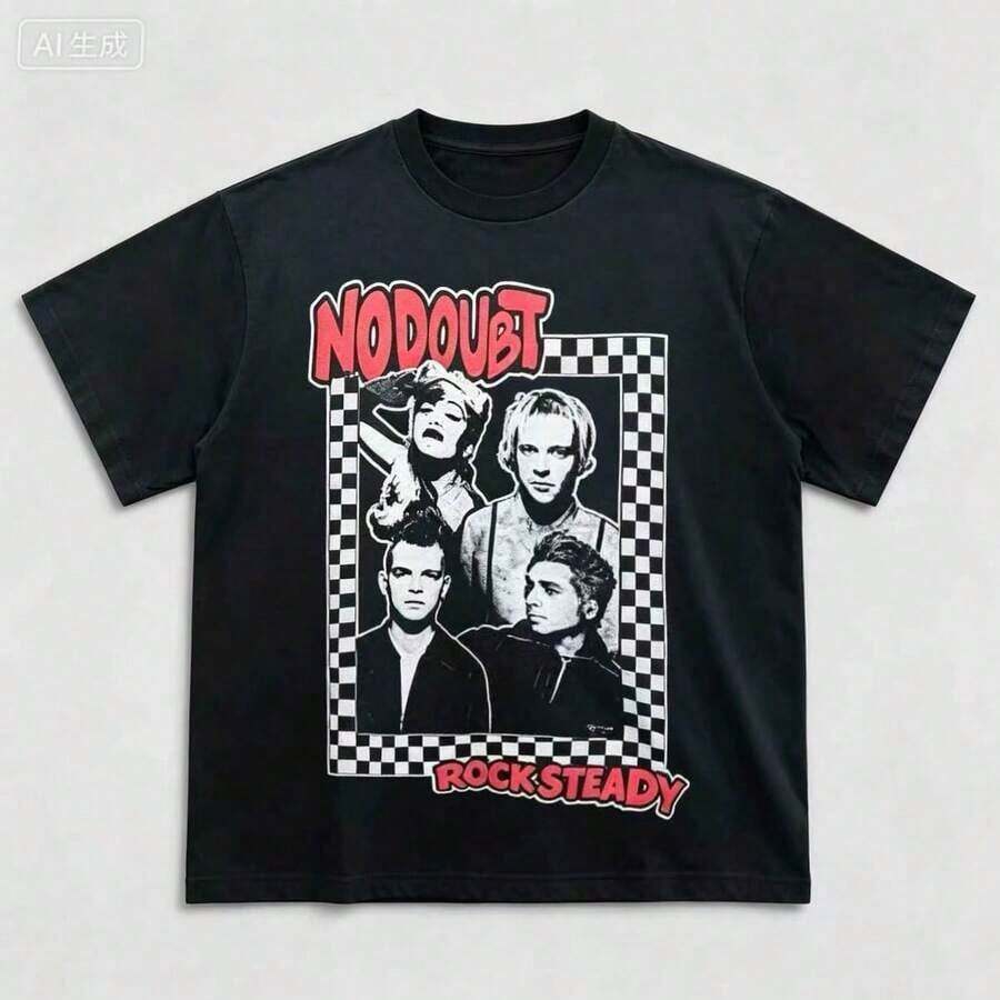 Women's Summer Outfits, No Doubt Band Music Lovers Black Cotton T-Shirt, All Sizes For Men, 100% Cotton Black T-Shirt, Short Sleeve, Crew Neck, Machine Washable, For Family And Friends, Summer Tops, Women's Crop Tops - 黑色 - 查看 1
