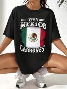 100% cotton Playera negra para mujer de cuello redondo, manga corta, estampado "Viva México" con bandera mexicana desgastada, estilo patriota, ideal para fiestas nacionales, casual, verano, algodón - Negro - Ver 1