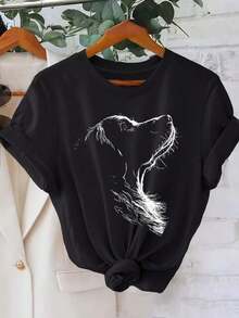 Camiseta casual de manga corta con cuello redondo y estampado de perro para mujer, 100% algodón.Confeccionada en algodón puro, de largo regular, ideal para todas las estaciones.Estampado animal. - Negro - Ver 5