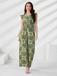 Conjunto de 2 piezas con parte superior con volantes y estampado de plantas en toda la superficie, y pantalones de pierna ancha - Verde militar - Ver 3