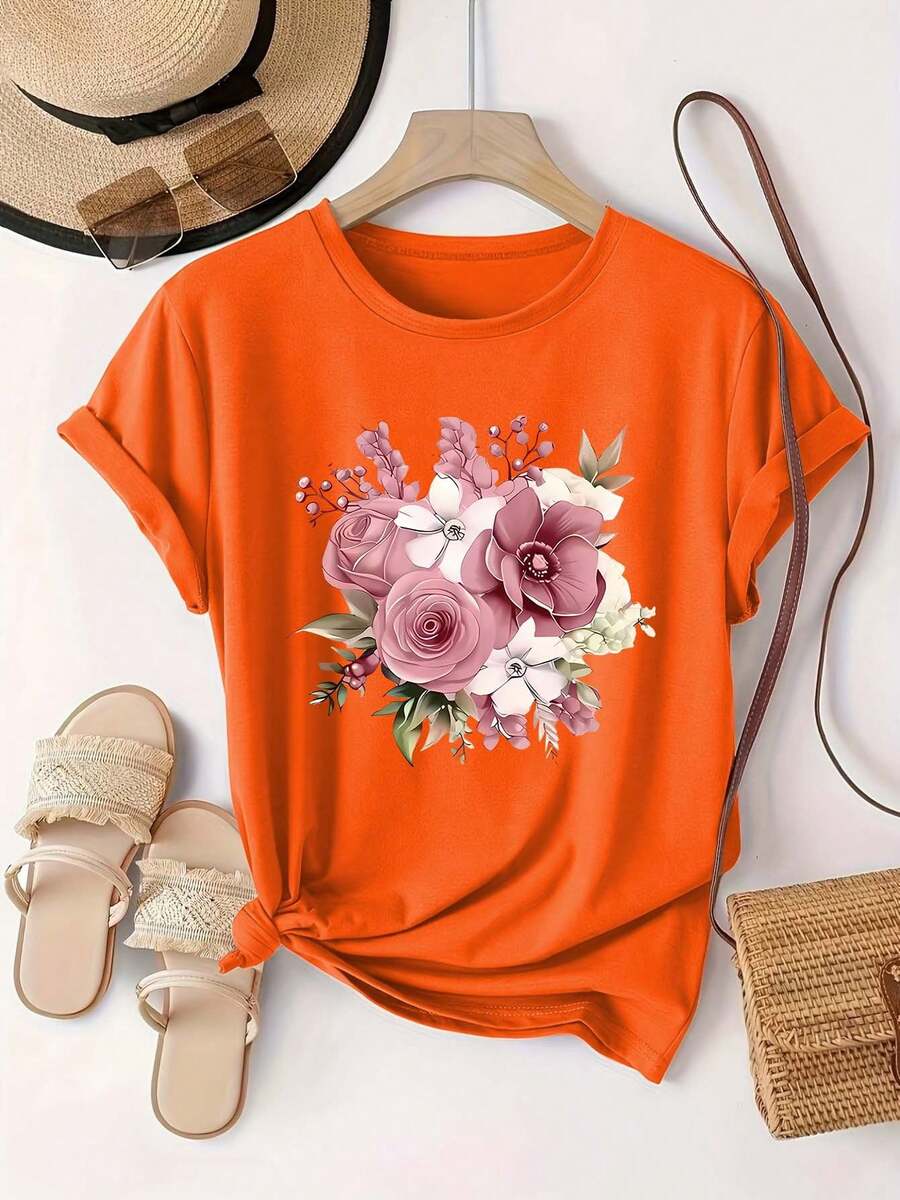 Camiseta manga corta cuello redondo 100% algodón, estampado trendy, tejido ligero y ventilado, estilo moda casual, apta para vida diaria, salidas informales y citas en primavera, verano y otoño - Rojo anaranjado - Ver 1