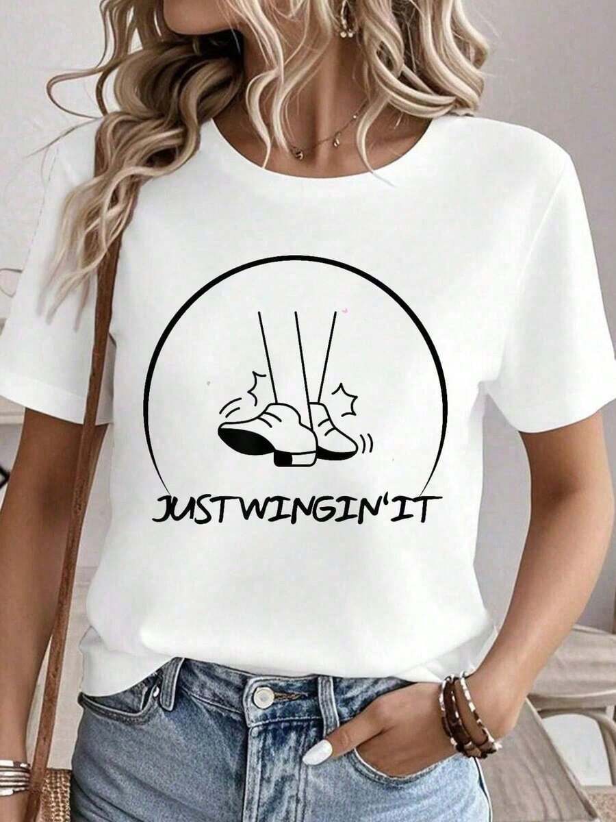 100% algodón, Camiseta con estampado gráfico "Cute Just Wingin' It TAP DANCER Dance Dancing Tapping", Camisetas de verano para mujer, Camiseta de cuello redondo, 100% algodón, Ropa de mujer, Conjuntos de ropa para mujer, Ropa de otoño para mujer, Tops para mujer, Camiseta blanca. - Blanco - Ver 1