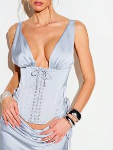 KIZN Corset de satén con escote en V profundo para mujer con detalle de cordones delanteros y tirantes ajustables para citas y ocasiones de fiesta - Azul - Ver 5