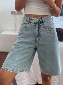 Shorts vaqueros tipo bermuda de talle regular, estilo casual de calle, sueltos, shorts vaqueros de verano - Lavado ligero - Ver 8