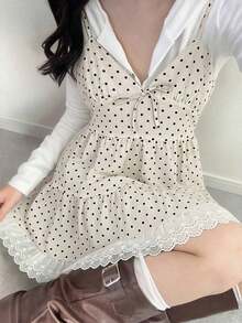 Top holgado y versátil de mujer con tirantes a cuadros, parches, bordados y decoración de lazo en la parte delantera, apto para otoño/invierno y verano - Blanco 2 - Ver 2