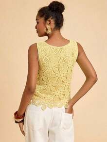 Blusa casual de mujer de cuello redondo sin mangas de color marrón, ideal para vacaciones, verano, primavera, fiestas, playa, San Valentín, disfraz de carnaval, elegante, floral, carnaval, de primavera a verano, fiesta, invitada de boda, cumpleaños, estilo mexicano bohemio para mujer - Amarillo claro - Ver 2