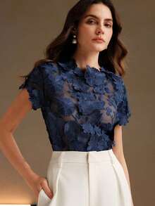 Blusa romántica con bordado en 3D de flores multicorror - Azul marino - Ver 8