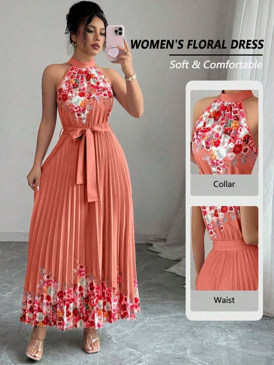 Vestido holgado de verano elegante con estampado floral y cuello halter para mujer - Multicolor - Ver 1