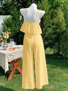 2 piezas de top de tirantes y pantalones de lino de verano para mujeres - amarillo ganso - Ver 2