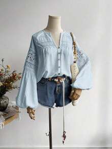 Blusa de encaje azul de manga larga para mujer, adecuada para uso casual, vacaciones, estilo bohemio, festivales de música y otras ocasiones - Celeste - Ver 5