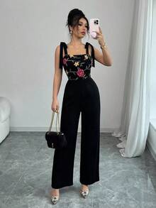 Mono elegante y versátil de uso diario para mujer con tirantes, top tubo de malla bordada, cintura ajustada y piernas acampanadas, para primavera/verano - Negro - Ver 7