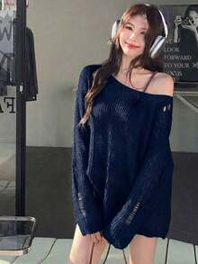 Suéter sexy de color albaricoque con diseño hueco y corte en el hombro, adecuado para salir, citas, estar en casa y para ir y venir, otoño/invierno primavera - azul real - Ver 4