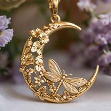 Colar de Pingente de Cobre com Libélula da Lua Elegante e Delicada e Floral, Adequado para Mulheres, Belamente Projetado em Estilo Natural, Adequado para Uso Diário e Festa de Aniversário - Dourado - Visão 2