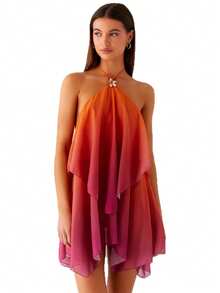 Vestido Halter Gradiente Tul Estilo Único Bestseller - Naranja - Ver 3