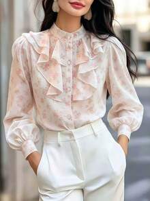 Women's Floral Chiffon Shirt, Stand Collar Long Sleeve Ruffle Button Top, For Daily, Home, Holiday, Travel, Date, Spring Summer Fall Vacation Pink - Pink - View 1