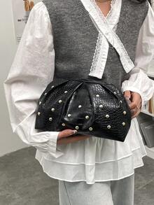優雅摩洛哥風手拿包 - 化妝包、手提包、時尚女包、貝殼包、極簡多功能、時尚晚宴包，適合派對、晚會、婚禮、約會和購物等各種場合。母親節、節日或聖誕節的完美禮物。1件女款彩色壓褶草編手拿包，輕如雲朵的壓褶設計，時尚極簡，大容量，適合購物和外出 - 黑色 - 查看 3