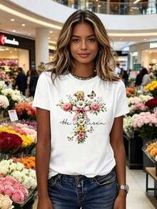Women's "He Is Risen" Easter Floral T-Shirt, Soft Casual Fit, Short Sleeve, Round Neck, For Spring And Summer, Machine Washable. - 白色的 - 查看 4