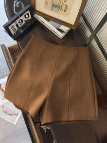 Shorts de mujer de cintura alta de color gris oscuro minimalista y de moda, con cierre de cremallera en la espalda, adecuados para el uso diario, citas y ocasiones románticas - Amarillo - Ver 5