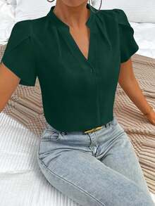 Blusa de trabajo con cuello en pico y mangas de pétalo de color blanco para mujer, blusas de manga corta - Verde - Ver 5