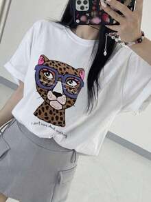 Camiseta de mujer con estampado grande de retrato de leopardo, cuello redondo suelto, manga corta, color blanco, camiseta gráfica oversize de primavera/verano - Blanco - Ver 7