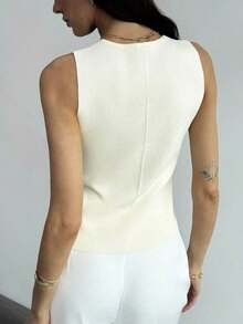 Blusa sin mangas de punto de un solo pecho con tirantes anchos, casual de verano, para otoño/invierno, verano, vacaciones, simple para ir al trabajo, con hebilla metálica única para oficina - Albaricoque - Ver 2