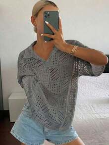 Women's Short-Sleeved Polo Shirt, Loose Fit, Textured And Openwork Fabric, For Summer - 淺灰色 - 查看 4