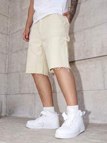 Off-White Workwear Denim Shorts, Loose Straight Leg Frayed HemBermuda Shorts For Men, Summer Fashion Vacation Casual Shorts - Apricot - View 3