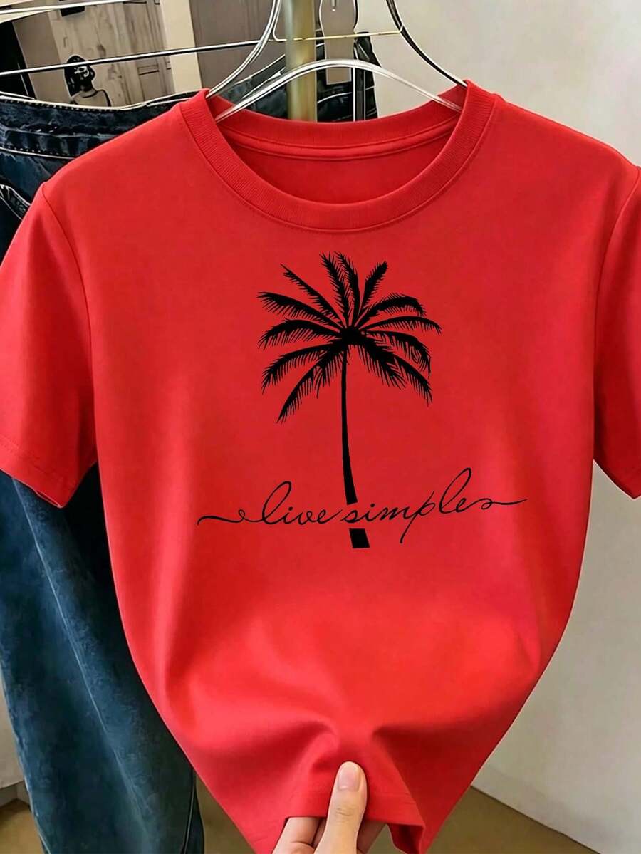 Camiseta Roja con Estampado de Palmera Negra y Frase "Live Simple", Cuello Redondo de Manga Corta, Top Casual Tropical, Ropa Cómoda para Vacaciones de Verano y Uso Diario, Estilo Minimalista Chic - Rojo - Ver 1