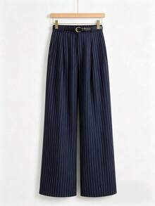 Pantalones rectos de cintura media de unicolor elegante con cinturón, negro, primavera - Multicolor - Ver 2