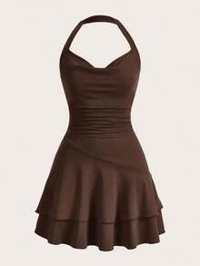 Vestido Rojo De Punto Sin Mangas Con Cuello Halter Y Doble Capa, Ajustado Para Mujer - Marrón Chocolate - Ver 1