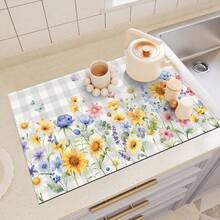 1pc Dish Drying Mat, Coffee Machine Mat, Checkered Background With Colorful Wild Flowers And Butterflies Pattern, Fresh And Natural Style, Suitable For Dining Table And Cafe, Absorbent And Draining, Multi-Purpose Pad, Home Gift, Desktop Decor - XYLSD-361 - View 6