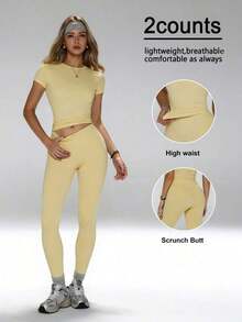 Conjunto de yoga para mujer, pantalones deportivos de cintura alta, conjunto deportivo moldeador de 2 piezas, conjunto de yoga con control de abdomen, camiseta de cuello redondo ajustada emparejada con pantalones de yoga de cintura alta, conjunto esen - Amarillo - Ver 3
