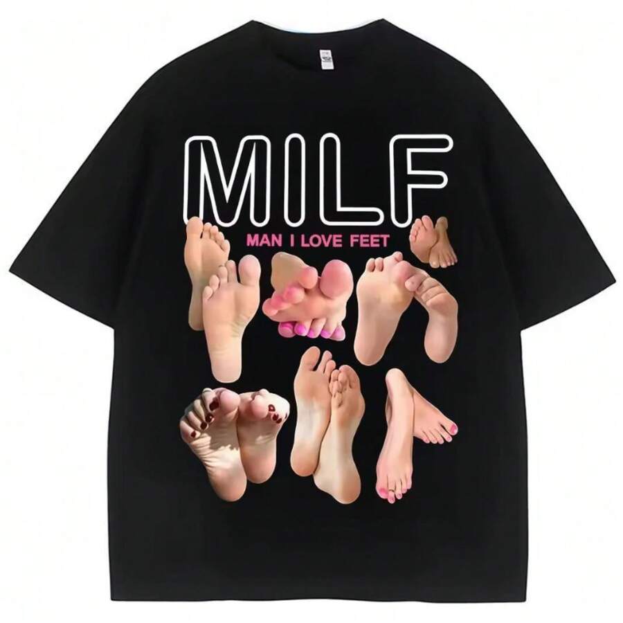 Camiseta Casual de Manga Corta con Cuello Redondo Suave, Estampado Divertido "MILF Man I Love Feet", Streetwear - Negro - Ver 1