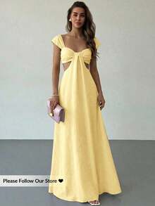 Falda larga elegante de estilo bohemio para mujer, color albaricoque, cuello ancho, diseño acampanado - Amarillo claro - Ver 8