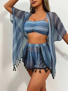 4 piezas Conjunto de bikini con parte superior fruncida con estampado geométrico de moda y Bottom con estampado geométrico, cubrecostillas con flecos multicolor y shorts, conjunto de bikini de carnaval de verano, playa de verano - Gris - Ver 6