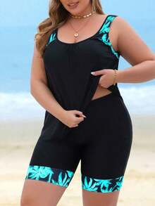 Swim Lushoire Conjunto de tankini de talla grande con estampado de árboles de coco y patchwork para la playa y vacaciones de verano - Negro 2 - Ver 3