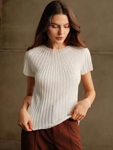 Blusa de punto semitransparente con decoración de strass y mangas cortas elegante para mujer - Blanco - Ver 6