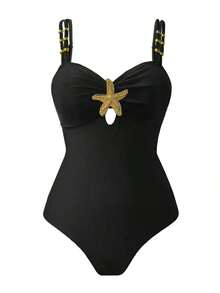 Swim Oasis 1 pieza Traje de baño de una sola pieza casual de vacaciones con decoración de pentágono lindo para mujer - Negro - Ver 3