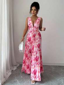 Vestido elegante y romántico para mujer con escote en V sin mangas, cintura hueca, plisado en línea A y estampado floral - Multicolor 3 - Ver 4