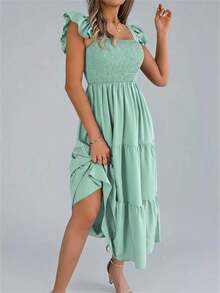 Nuevo vestido midi de unicolor con cuello cuadrado, casual, con espalda descubierta, volantes y sin mangas, color caqui, elegante para primavera/verano - verde menta - Ver 6