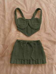 2 piezas Conjunto de top sin espalda de crochet y falda de cintura baja sexy para vacaciones, adecuado para festival de música, estilo bohemio, vacaciones, citas, té de la tarde - Verde Oliva - Ver 7