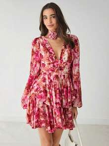 Vestido de verano elegante para mujer con mangas de linterna y estampado floral en todo el vestido - Rosa Fucsia - Ver 10