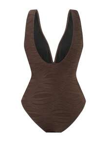 Swim Oasis Set de 2 piezas que incluye 1 traje de baño entero de un solo color y 1 falda larga de malla para playa, verano y vacaciones - Café integral - Ver 4