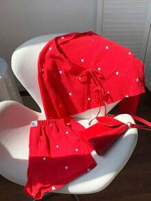 Conjunto de top de manga larga y pantalones cortos con estampado de corazones rojos y blancos, conjunto de Navidad para mujer - Rojo y blanco - Ver 6