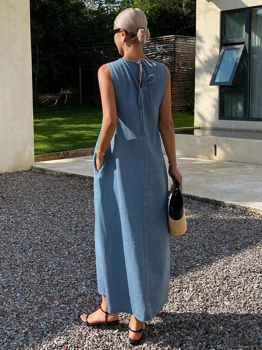 Vestido vaquero casual y suelto de cuello redondo y sin mangas para mujer, vestido de verano para mujer - Azul - Ver 1