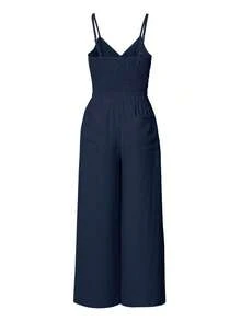 Conjunto de top de tirantes básico y pantalones de unicolor para mujeres, adecuado para uso diario - Azul marino - Ver 2