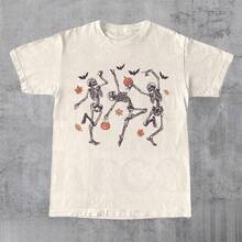 Camiseta de Calabaza con Esqueleto Bailando, Camiseta Retro de Halloween, Camiseta de Halloween para Mujer, Camiseta Linda de Otoño, Temporada de Terror, Cara de Calabaza - Caqui - Ver 1