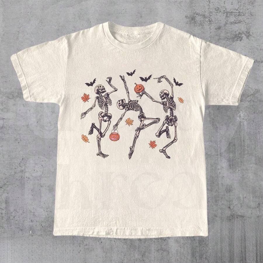 Camiseta de Calabaza con Esqueleto Bailando, Camiseta Retro de Halloween, Camiseta de Halloween para Mujer, Camiseta Linda de Otoño, Temporada de Terror, Cara de Calabaza - Caqui - Ver 1
